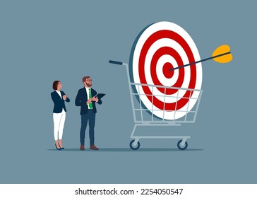 Business people buy goal with shopping cart, bull's eye inside shopping basket. Successful shoot darts target. Flat vector illustration.