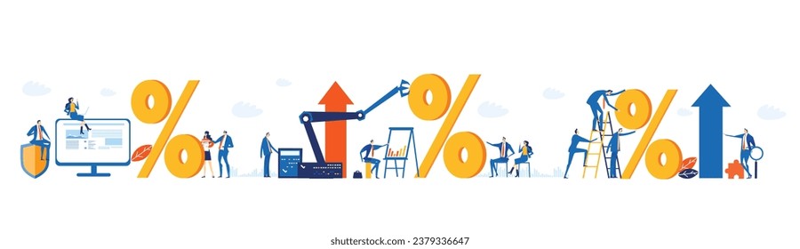 Business people calculating profits. Wide illustration of business people working together, cooperating on project, sharing ideas. 