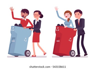 Business people carring away useless people in trash bins on wheels, ineffective employee, remove bad worker, delete from friend list in social media, annoying relations, unfriend a hated person, ban