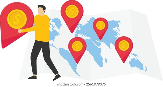 Business people carry money pin mark to new destination, Vector illustration design concept in flat style

