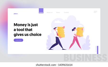 Business People Carry Stack of Golden Coins, and Money Savings. Bank Employees, Fund Investment, Earnings. Financial Profit, Website Landing Page, Web Page. Cartoon Flat Vector Illustration, Banner