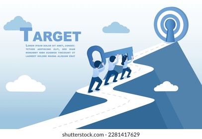 Business people carrying a big key and running towards a keyhole located at the peak of a mountain. Goals or targets that the team is trying to achieve. Work hard and overcome.