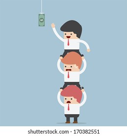 Business people carrying each other to reach hanging money, VECTOR, EPS10