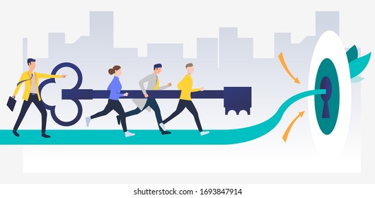 Business people carrying key to unlock keyhole. Target, goal, team concept. Vector illustration can be used for topics like business, management, teamwork