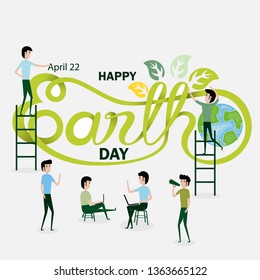 Business people cartoon character & Green happy earth day typographical design elements.Happy Earth Day hand lettering icon.Happy Earth Day logotype symbol.Vector illustration
