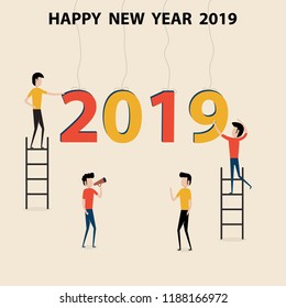 Business people cartoon character & Happy New Year 2019 concept.Happy New Year 2019.2019 Happy New Year greeting card.Vector Illustration.Vector illustration