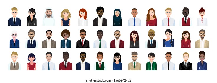 Business people cartoon character head collection set. Businessmen and businesswomen in office style on white background. Flat vector illustration