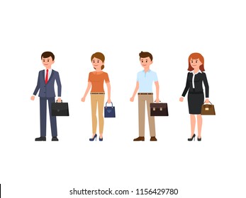 Business people cartoon character set. Young men and women standing with briefcase and bag
