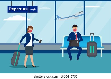 Business people cartoon character wearing face mask while sitting on the lounge and walking at the airport