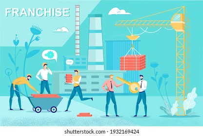 Business People Cartoon Characters Building Company Network at Construction Site. Franchise License Distribution and Corporate Branches Chain Growth. Flat Vector Illustration.