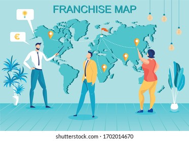 Business People Cartoon Characters Creating Franchise Map for Company Extension and International Development, World Corporate Creating. Promotion Marketing Strategy. Flat Vector Illustration.