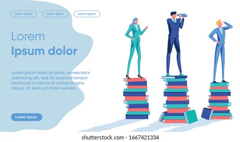 Business People Cartoon Characters Stand on Books Piles Looking Forward. Education and Knowledge, Creative Mind for Successful Business Promotion and Career Development. Flat Vector Illustration.