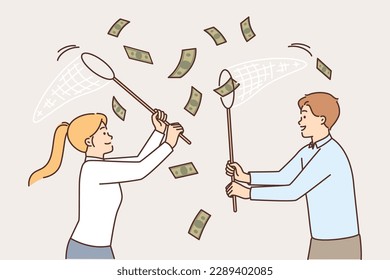 Business people catching money falling from sky using net for easy earning or casual income concept. Man and woman are engaged in moneymaking, hunting for profit and wanting to increase capital 