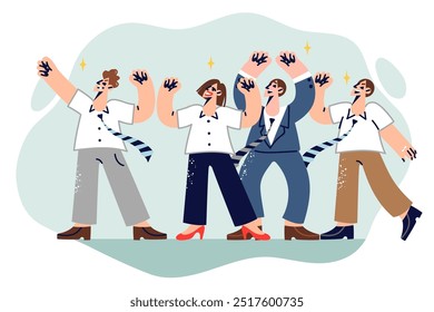 Business people celebrate corporate holiday and raise hands up rejoicing at start of vacation. Group of managers dances at corporate party prior to IPO stratum and sale of shares on stock exchange