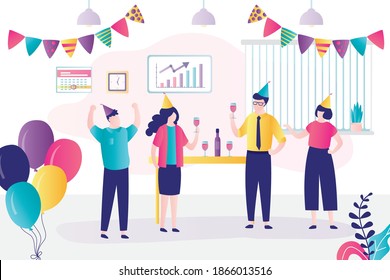 Los empresarios celebran las fiestas. Empleados con gorras festivas celebran el evento. Habitación decorada con globos y banderas. Los colegas beben alcohol y se divierten. Concepto de parte de Office.Ilustración vectorial