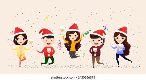 Business people celebrate Merry Christmas And Happy New Year. People celebrating and having fun. Flat Vector Illustration.