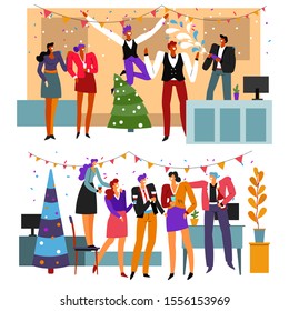 Business people celebrate Merry Christmas and Happy New Year, office party vector. Positive colleagues with champagne dancing and having fun. Xmas tree and garlands, men and women celebrating