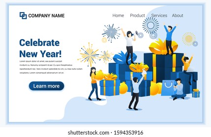 Business people celebrate the new year near big gift boxes, decoration and fireworks. Can use for web banner, poster, landing page, web template. Vector illustration