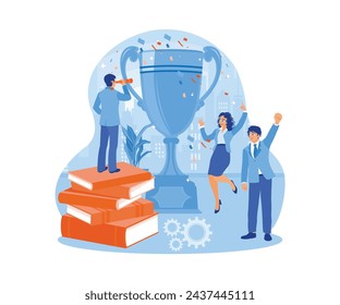 Business people celebrate success. Dance under the confetti and raise your hands. Successful Business Team concept. Flat vector illustration.