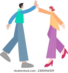 Business people celebrate success  in work collaboration together, giving high five. Unity and support between colleagues concept. Flat vector illustration.