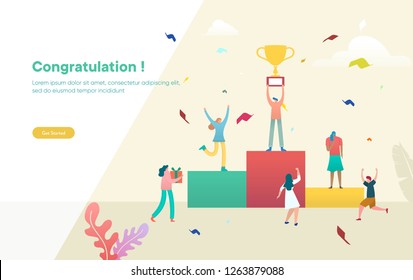 Business people celebrate team success 
vector illustration concept, people celebrate victory and holding trophy, 
can use for, landing page, template, ui, web, mobile app, poster, banner, flyer