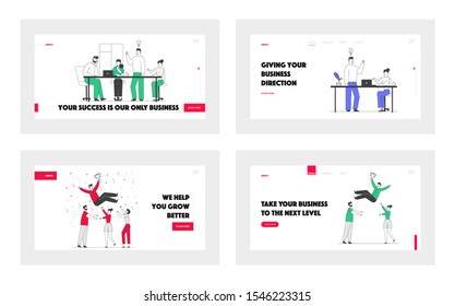 Business People Celebrate Victory, Brainstorm and Teamwork Process Website Landing Page Set. Teamworking Success Congratulation Trophy Web Page Banner. Cartoon Flat Vector Illustration, Line Art