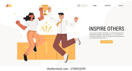 Business people celebrate victory. Characters hold golden cup. Achievement reward. Business man and woman jumping happy. First place, leadership, receive victory prize or team success concept banner.