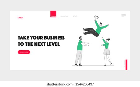 Business People Celebrate Victory Throwing Colleague Up Website Landing Page. Cheerful Man and Woman Tossing in Air Winner Hold Golden Cup Web Page Banner. Cartoon Flat Vector Illustration, Line Art