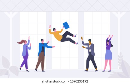 Business people celebrate victory throwing colleague up. Stormy expression joy at work. Greetings from employees. Celebrating events at work with friends. Men throw colleague up vector illustration