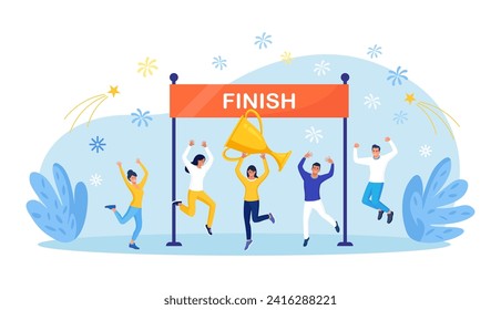 Business people celebrates success. Team colleagues reaching goal celebrating victory. Woman winning race, holding trophy cup. Entrepreneurs leadership. Motivation to achieve aim