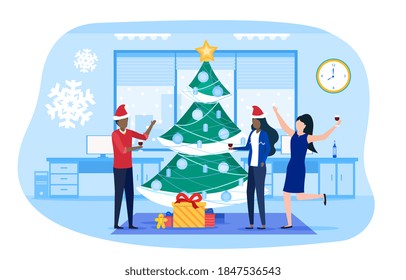 Business People Celebrating Christmas And New Year Holiday On Corporate Party In Business Office. Winter Holiday Trendy Horizontal Banner, Poster Template. Cartoon Flat Vector Illustration