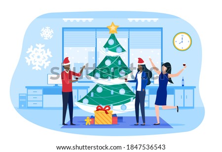 Business people celebrating Christmas and New Year holiday on corporate party in business office. Winter holiday trendy horizontal banner, poster template. Cartoon flat vector illustration