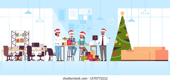 business people celebrating corporate party coworkers holding gift present boxes merry christmas happy new year winter holidays concept modern office interior flat full length horizontal vector