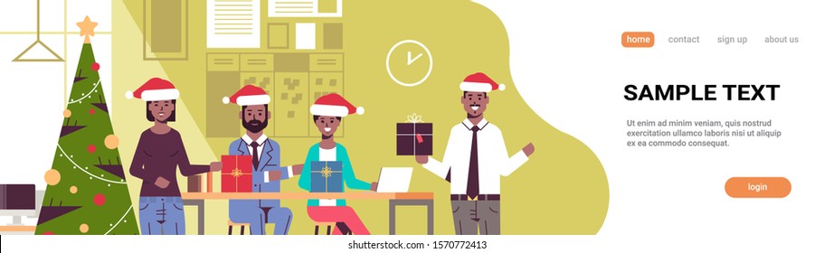 business people celebrating corporate party african american coworkers holding gift boxes merry christmas happy new year holidays concept modern office interior portrait horizontal copy space vector