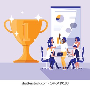business people celebrating with cup trophy