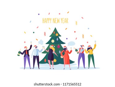 Business People Celebrating New Year Party. Flat Characters in Santa Hat Toasting Champagne. Christmas Eve with Cartoons, Tree and Confetti. Vector illustration