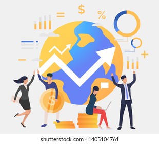 Business people celebrating success and working, earth globe and rising arrow. Investment, management, international concept. Vector illustration for topics like business, finance, analysis