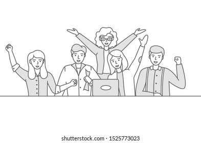 Business people celebrating. People at the table are happy and raise their hands up. linear vector illustration. Editable stroke