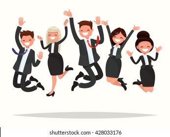 Business people celebrating a victory jump on a white background. Vector illustration of a flat design