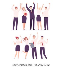Business People Celebrating Victory Set, Office Team Achievements, Managers Characters Dressed in Formal Clothes Standing with Their Hands Up Flat Vector Illustration