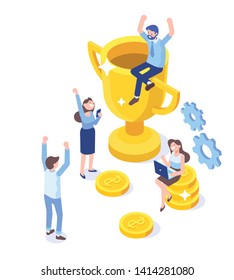 Business people celebrating victory. Team Success isometric vector illustration. Man sitting on the gold winner cup, happy people raising their hands. Vector illustration on white background 