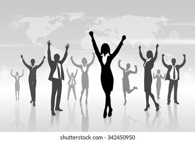 Business People Celebration Silhouette Hands Up, Businesswoman Concept Winner Success Vector Illustration