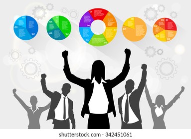 Business People Celebration Silhouette Hands Up, Businesswoman Concept Winner Success Social Media Marketing Target Group Audience Vector Illustration