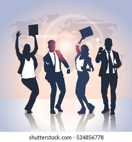 Business People Celebration Silhouette Hands Up, Businesswoman Concept Winner Success Over World Map Vector Illustration