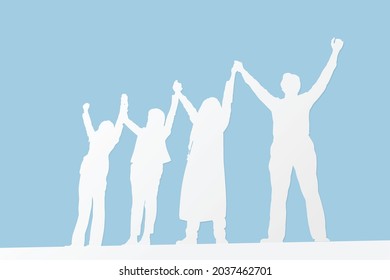 Business people celebration success happiness team cut out of paper on blue background, Paper cut style. Vector illustration
