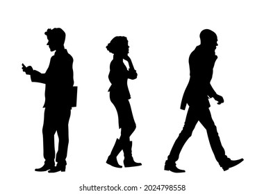 Business people with cell plone walking silhouette vetor illustration 