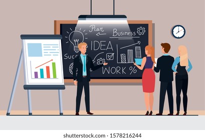 business people and chalkboard with business plan graphics vector illustration design