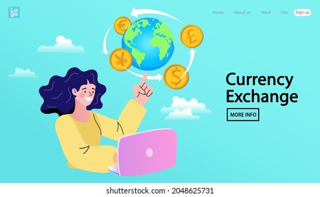 Business people changes currency using laptop. Online banking. Globe and money. Digital Currency Exchange service. Successful Trader. Stock market. Vector flat illustration.