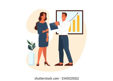 Business people character. Businessman and businesswoman talking at their workplace. Two colleagues at the office. Man holding a laptop. Concept of partnership. Vector illustration in cartoon style