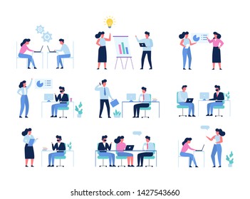 Business people character in office set. Person in suit doing different activities. Office presentation and finance operation. Vector illustration in cartoon style